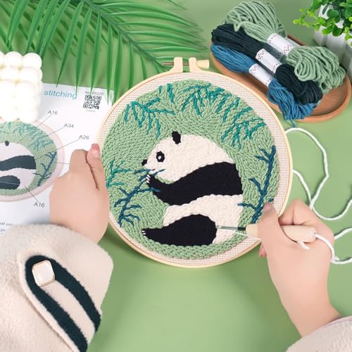 Image of KESTAR Punch Needle Embroidery Starter Kits, Panda Bamboo Punch Needle Kits for Adults Beginner, Needle Punch Kit Tool with Instruction Threader Fabric Yarns and Hoop