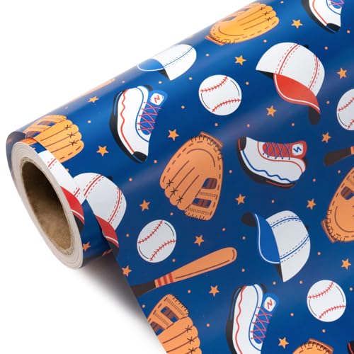 WRAPAHOLIC Baseball Wrapping Paper Roll - Mini Roll - 17 Inch x 9.8 Feet - Blue Baseball Sports Wrapping Paper Perfect for Birthday Baby Shower Sports Lover