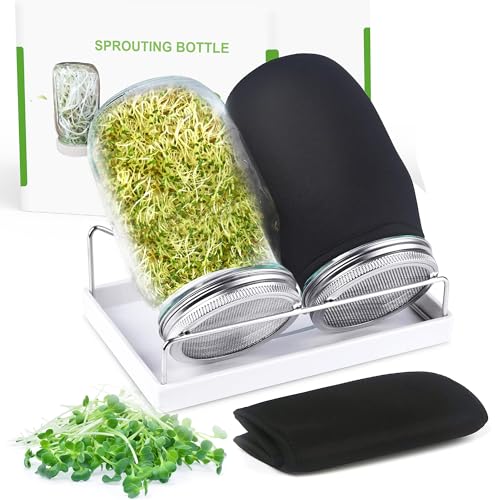 Organic Seed Sprouting Jar Kit 2 32 oz Wide-Mouth Mason Jars with Stainless-Steel Sprouter Lids & Stand Blackout Sleeves Drain Tray Grow Broccoli Alfalfa & Bean Microgreens