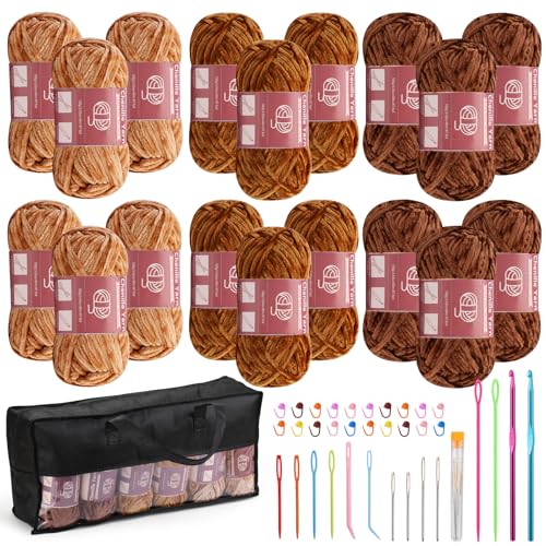 Image of LUNARM Chenille Yarn for Crochet Knitting Chunky Blanket Velvet Yarn | 18 Pack 100g /3.5oz Brown Series Thick Soft Yarn for Beginners Knitting Fluffy Weaving Plush Scarves with Big Eye Needles