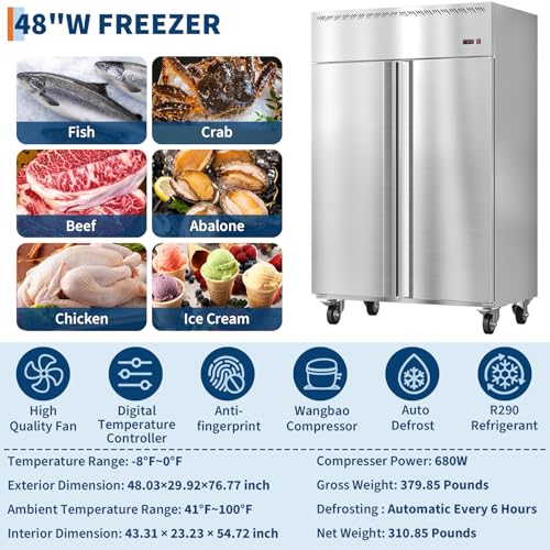 Image of PeakPursuit 48 inch W Commercial Freezer -8F~0F,Reach-in 36 Cu.ft 2 Door Stainless Steel Commercial Refrigerator Fan Cooling,6 Adjustable Shelves, Auto Defrost,for Restaurant,Bar,Kitchen,Shop
