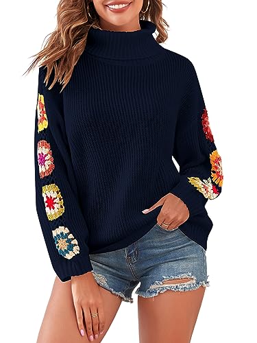 Image of ZAFUL Flower Crochet Turtleneck Sweater for Women Pullover Puff Long Sleeve Boho Knit Sweaters Trendy Knitwear Tops
