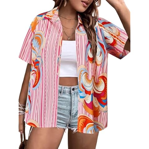IN'VOLAND Women's Plus Size Hawaiian Shirts Short Sleeve Casual Floral Button Down Shirt Tropical Beach Blouse Summer Top Cover