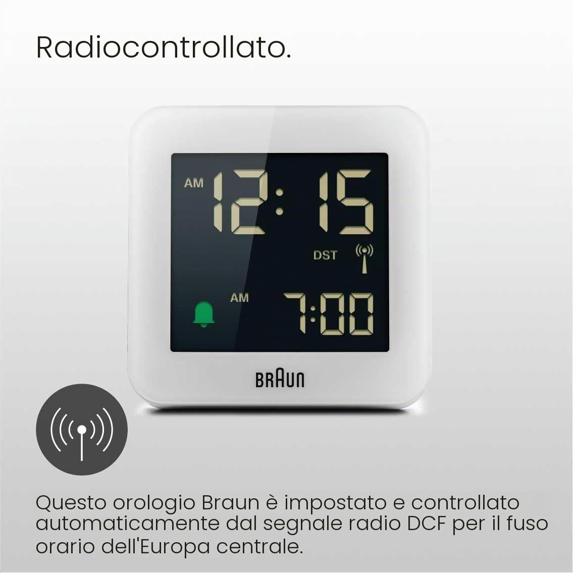 Braun Orologio Sveglia Digitale Radio controllato Fuso Orario Europa Centrale (DCF) con Funzione Snooze, Display LCD, Funzione Quick Set, Suono Sveglia Beep con crescendo, Bianco, BC09W-DCF.