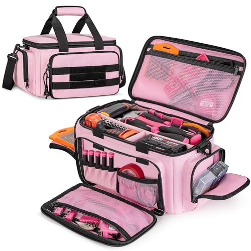 Trahzia Tool Tote Bag for Women, Tool Storage Organizer with Anti-friction Bottom, Tactical Range Bag for Electrician, Carpenters, Repairman, Pink