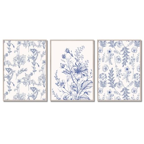 Aglcatie Blue Flower Wall Art Posters Set of 3 Chinoiserie Floral Wall Decor Wildflower Floral Canvas Painting Prints Botanical Wall Art Blue and White Pictures for Bathroom Bedroom 12x16 In UnFramed