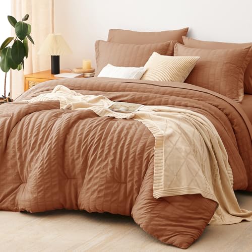 Image of CozyLux Full Size Comforter Sets Pumpkin, 7 Pieces Seersucker Textured Luxury Bed in a Bag, All Seasons Soft Bedding Sets with Down Alternative Comforter, Sheets, Pillowcases & Shams, Bedroom Bed Set