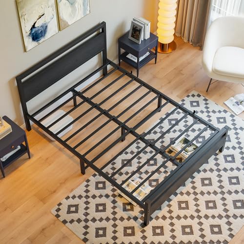 Image of BOFENG Full Size Bed Frame with Wood Headboard,Heavy Duty Platform Bed Frame Full with Storage No Box Spring Needed,Reinforced Steel Slats Support,Mattress Foundation,Black