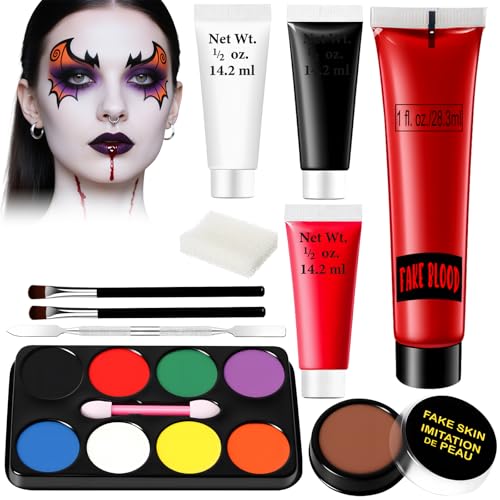 Halloween Make-Up Set - Artificial Blood Halloween Make Up Adults Children Theatre Make-Up Vampire Scars Wounds with Face Paint (Black, White, Red) + Blood + Scar Wax + Latex Milk + Palette with 8 Halloween Make-Up Set - Artificial Blood Halloween Make Up Adults Children Theatre Make-Up Vampire Scars Wounds with Face Paint (Black, White, Red) + Blood + Scar Wax + Latex Milk + Palette with 8