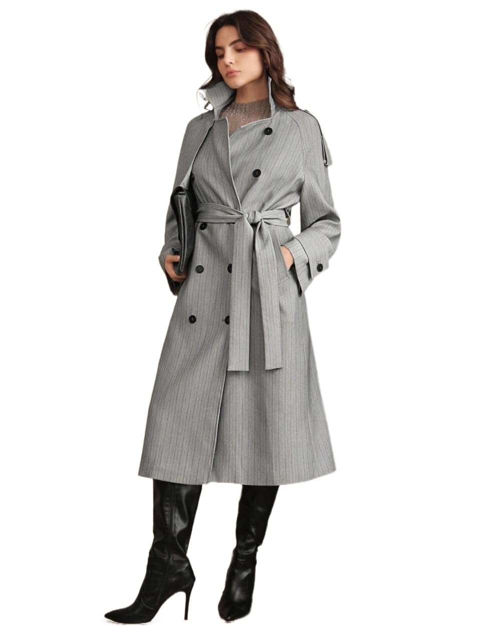 Womens Casual 2025 Coats Striped Long Double Breasted Lapel Trench Coat