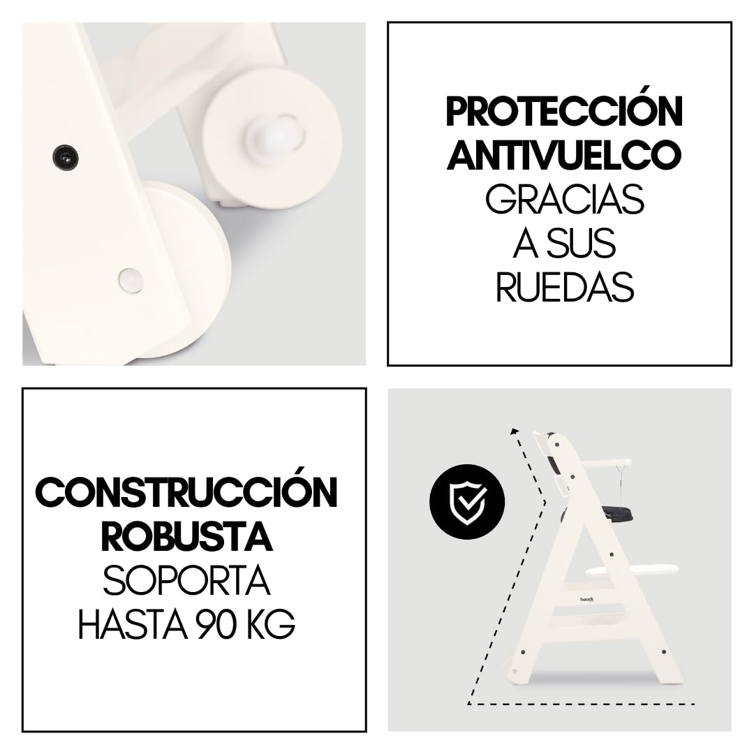 hauck Beta Plus Newborn Set - Trona Evolutiva Madera con Hamaca Bebé Recien Nacido Cojín y Bandeja - Trona Evolutiva Bebe con Ruedas - Silla Evolutiva - Blanco