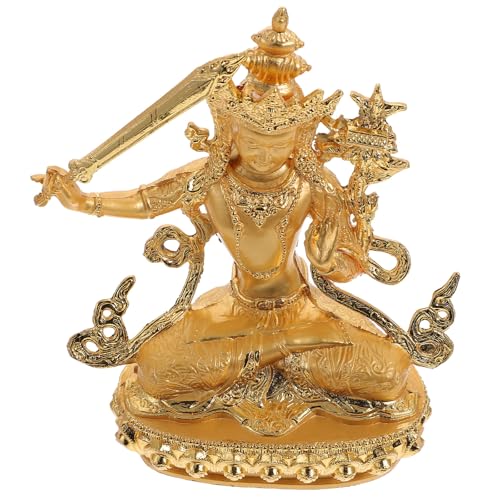 NIYANGLE Escultura de Buda Manjushri de Aleación Dorada, Estatua Budista de 15 Cm para Decoración Religiosa Hogar, Figura Vintage para Escritorio y Ambiente Pacífico