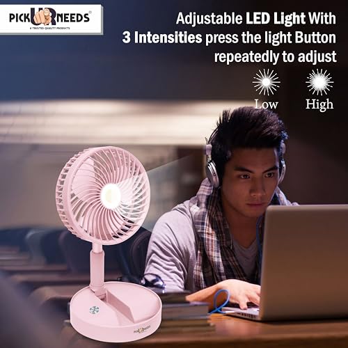 Image of Pick Ur Needs Rechargeable Foldable Small Standing Electric Mini Fan With 3 Mode & LED Light For Home, Bedroom, Office (Pink)