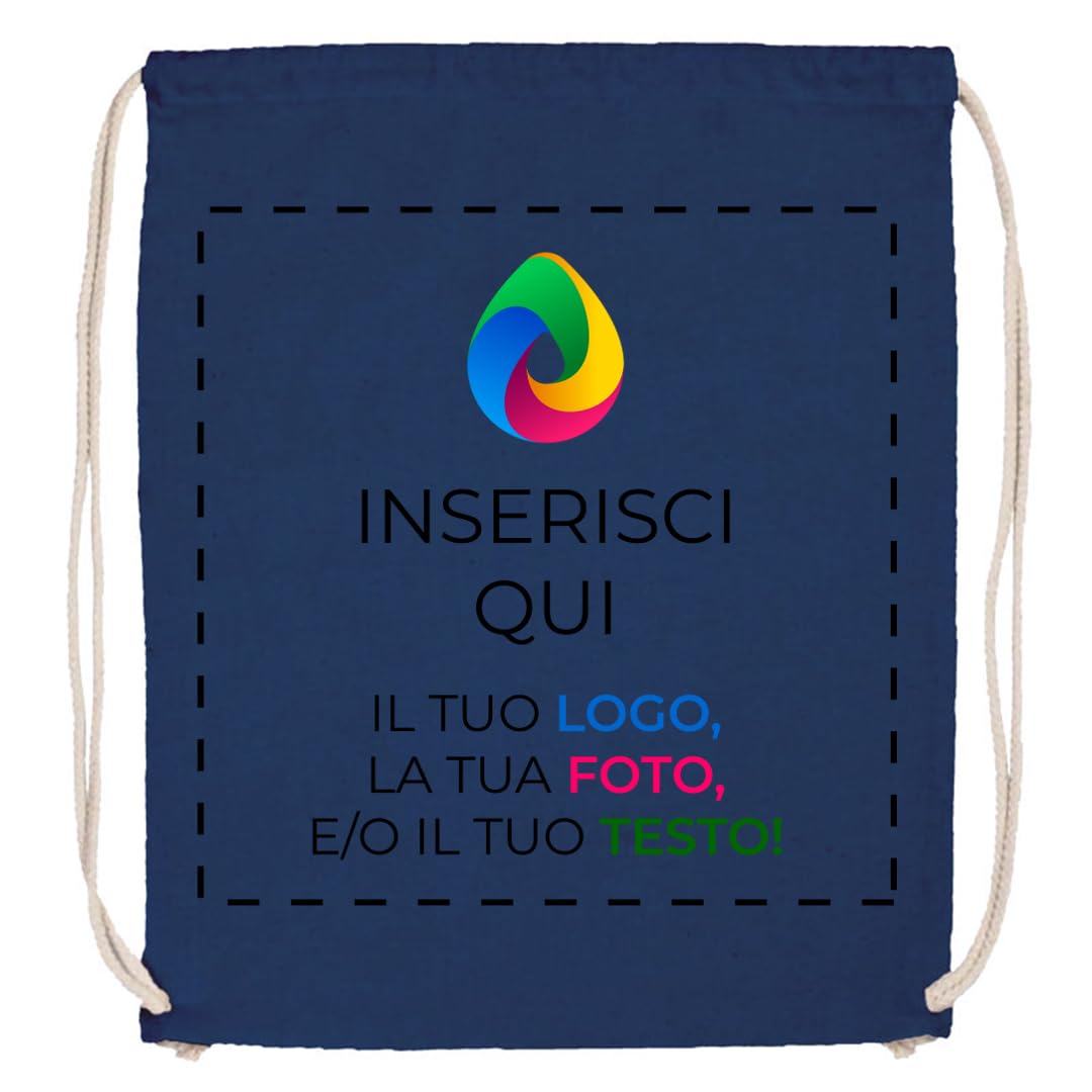 Teetaly - Sacca Zaino In Cotone Personalizzata Con Logo, Nome, Foto, Testo. Borsa A Sacchetto Con Cordoncino In Cotone Naturale