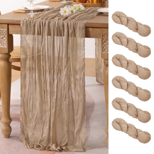 Image of MLMC 6 Pack Nude Cheesecloth Table Runner 10ft Boho Rustic Gauze Taupe Cheese Cloth Table Runner Neutral Decor 65x120 Inches for Wedding Reception Outdoor Party Decor