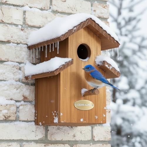 Water Proof Bluebird House for Outside, 2 Layers Metal Roof Water Proof, Outdoor Lifetime Durability Solid Cedar Wood Bird House for Pole, Secure Latch, Updated 1.5' Hole Size (Comfy Mansion)