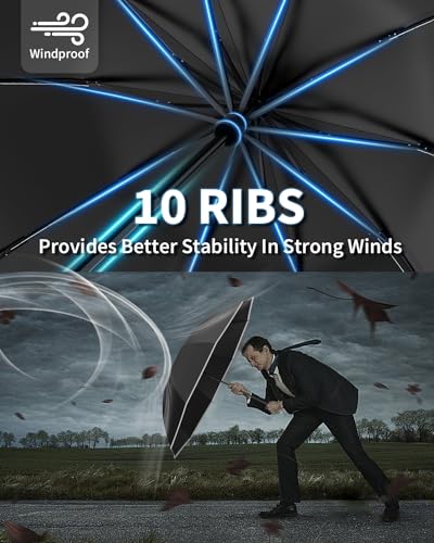 Image of ANYCHO Inverted Umbrella for Men, 3 Fold for Travel with Reflective Stripe 10 Ribs, 45 Inch Windproof & UV Protection Small Folding Umbrella with Auto Open and Close, Portable Car Umbrella for Women