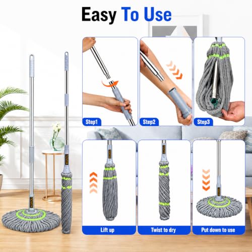 Image of Novita Self-Wringing Twist Mop - Easy Squeeze Floor Cleaner with 360 Degree Rotation, Extendable Stainless Steel Long Handle & Super Absorbent Microfiber Heads for Cleaning