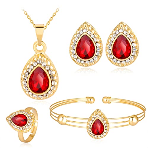 Juego de joyas para mujer de 5 piezas con circonita roja y pendientes dorados KnSam