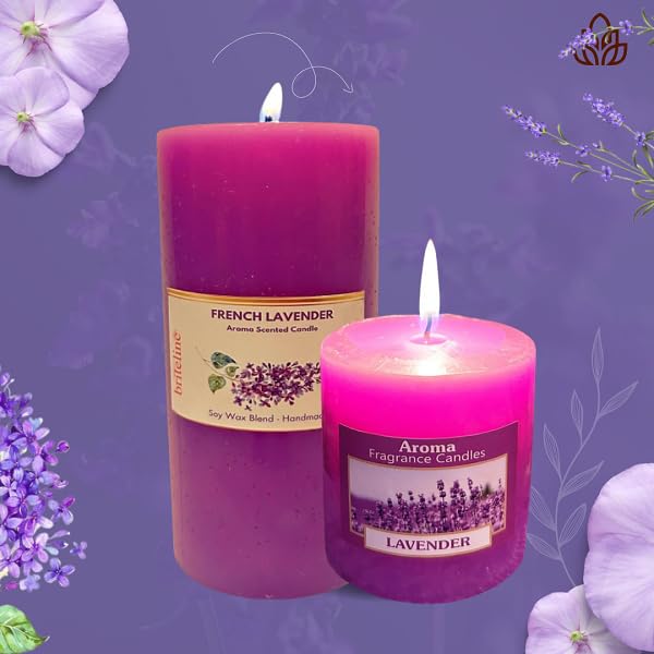 Briteline Scented Pillar Candle Set for Home Decor & Gifting – Lavender Scented | 3X5 Inch & 2.5 X2.5inch – Designer Candle |Fragrance Candles for Festival Decor & Gifting (Combo Pack of 2 Candles)