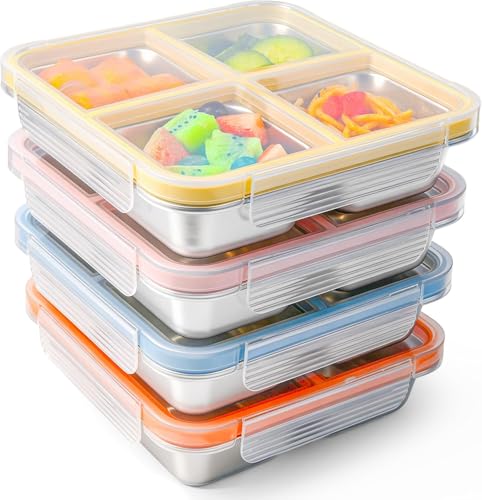YCVSKY 4 Stück Snackbox mit Fächern Edelstahl 720ML Snackdose mit 4 Fächern Wiederverwendbare Leckdichte Metall Bento Box mit Deckel für Zuhause Reisen Picknick Büro