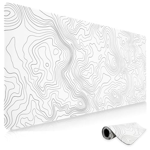 Niviy Alfombrilla Ratón XXL Blanco Topografica Alfombrilla Escritorio 800x350x3mm Mouse Pad de Goma Antideslizante para Hogar/Oficina con Bordes Cosidos