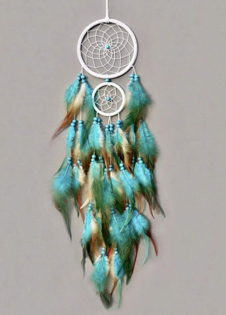 TooglBox Handmade Native American Indian Dream Catcher [Blue] with Real Feathers & Wood Beads,for Kids, Bedroom, Wall Hanging Decor Craft, Two Circles 4.3" and 2.3"; Length 22"-23.6" (Blue)