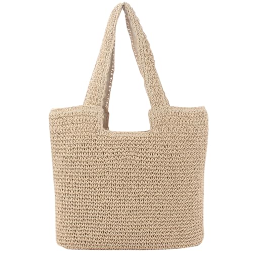Beach Tote Bag for Women Weaving Casual Retro Bag with Zipper Closure Soft Large Shoulder Handbag Purse for Summer Travel Vacation Shopping Picnic Swim (Beige)