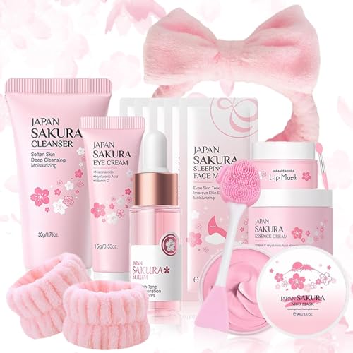 Sakura Skin Care Set Teenager Mädchen Geschenke,14 Stück,Mit Cleanser,Serum,Creme,Schlammmaske,Hautpflege Beauty set Mädchen,Feuchtigkeit Skincare Anti-aging Gesichtspflege Set