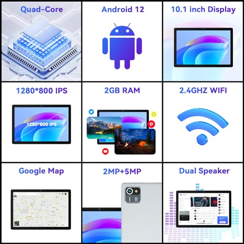 Wqplo 10-Zoll-Tablet Android 12 Tablets 2 GB RAM 32 GB ROM Quad-Core 5000 mAh, 1280 x 800 HD-Touchscreen, 2 MP + 5 MP Tablet-PC (Silber) – Bild 3