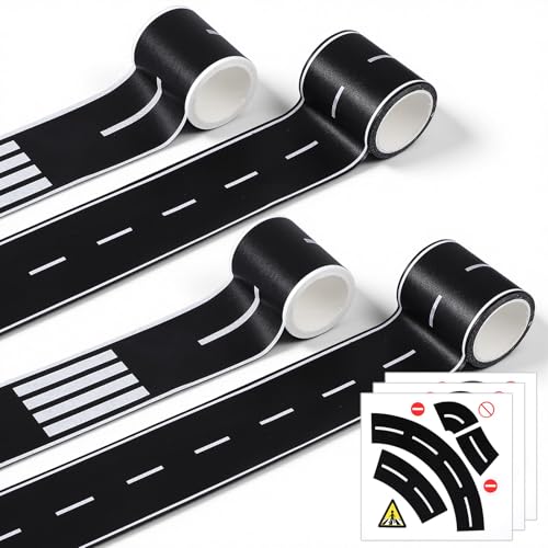 Larrel 4 Roll Road Tape for Kids, 2 Inch Wide Car Track Tape with 3 Sheets Curves and Signs, Removable Road Sticker Tapes for Birthday Party Decoration DIY Crafts Imaginative Playtime Adventures