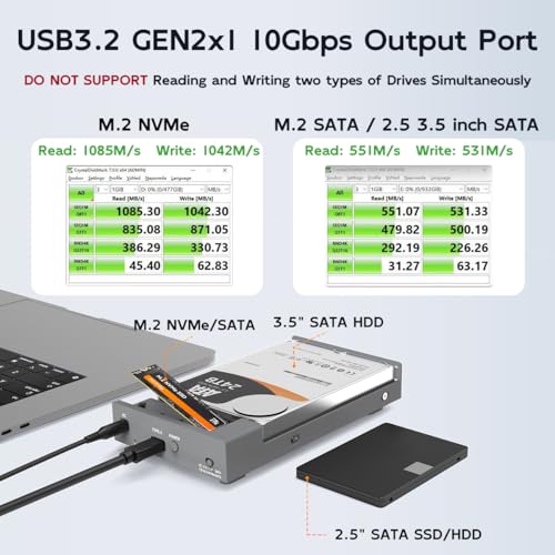 Image of MAIWO Dual Bay Enclosure for M.2 NVMe SATA SSD and 2.5 3.5 inch SATA SSD HDD, External Hard Drive to USB C Adapter, 10Gbps 32TB Capacity【DO NOT Support Clone】