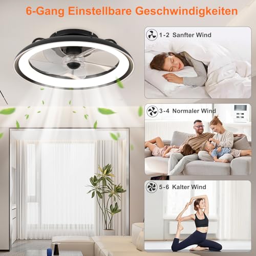 UVWHYZ Schwarzer Deckenventilator mit Beleuchtung (48cm) | Leise, 6 Geschwindigkeiten + Timer | LED Deckenlampe mit Fernbedienung & APP | Dimmbar 3000K-6500K | Für Schlafzimmer/Wohnzimmer