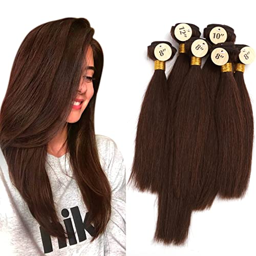 Brazilian Straight Human Hair 6Pcs Bundles 8"x4pcs,10"x1pc,12"x1pc Total 200G 100% Unprocessed Virgin Human Hair Weave Bundles #4 Medium Brown Remy Hair For Wig Making (#2)