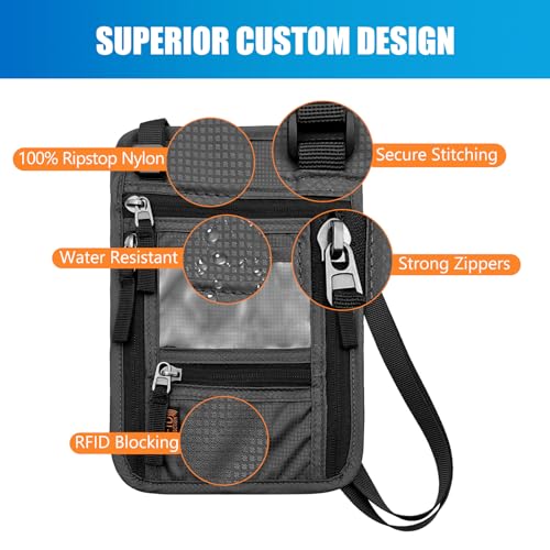 Image of Travel Pouch Passport Wallet- ID Card Wallet with RFID Blocking And Keep Your Belongings Secure-Travel Wallet - Neck Pouch Wallet for Men and Women (Grey)