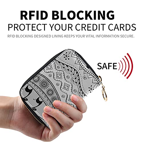 African Hand Drawn Ethnic Tribal Black Grey Pattern Credit Card Coin wallet, Key Change Organizer Zipper Purse Compact Clutch Pouch Pocket, RFID Blocking Women Leather Card Holder2