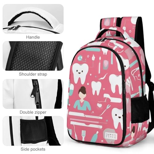 Casual Backpack for Unisex Adult, Novelty Teeth Dental Seamless Pattern Pink Large Capacity Backpack for Daily Use, Portable Shoulder Bag for Women Men4