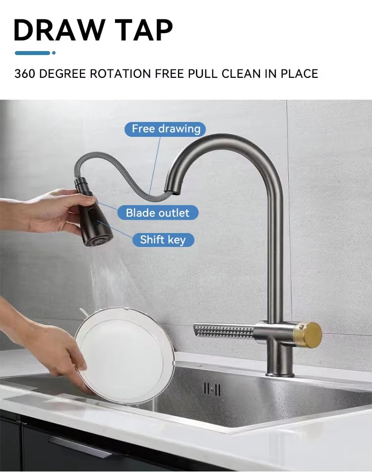 Image of B Backline Brass Waterfall Kitchen Sink Hot & Cold Mixer Tap /Faucet 360 Rotatable Pull Out Kitchen Faucet Multi-Function Dual Spray Head Technology /Kitchen Sink Tap (Grey Matt)