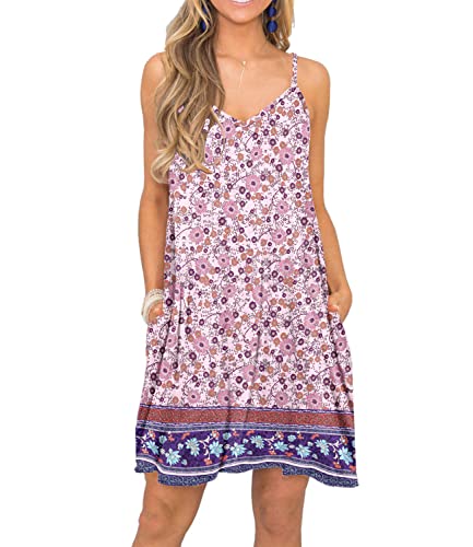 Image of Women's Summer Spaghetti Strap Casual Swing Tank Beach Cover Up Dress with Pockets