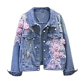 SaoBiiu Women Denim Jacket Short Embroidery Spring Autumn Applique Diamond Holes Coat Loose Student Jean Outerwear Pink flower L