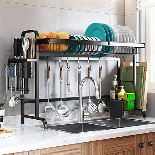 Juego de escurridor de platos y escurridor de acero inoxidable sobre el fregadero con soporte para cubiertos, encimera de cocina para platos y utensilios