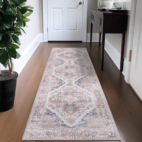 TOPICK Tapis Couloir 60x210 Long Antidérapant Vintage Rouge Lavable en Machine - Descente de Lit, Passage pour Cuisine, Chambre, Escalier, Balcon, Camping Car
