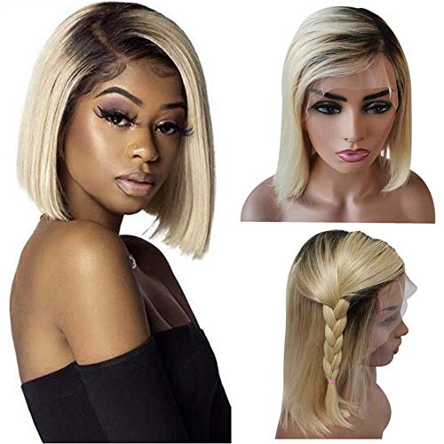 Ombre 1B/613 Human Hair Lace Front Wigs Black and Bloude Short Bob Deep Part Pre Plucked Hairline Bleached Knots Glueless Straight with Baby Hair 150% Density 8 inch