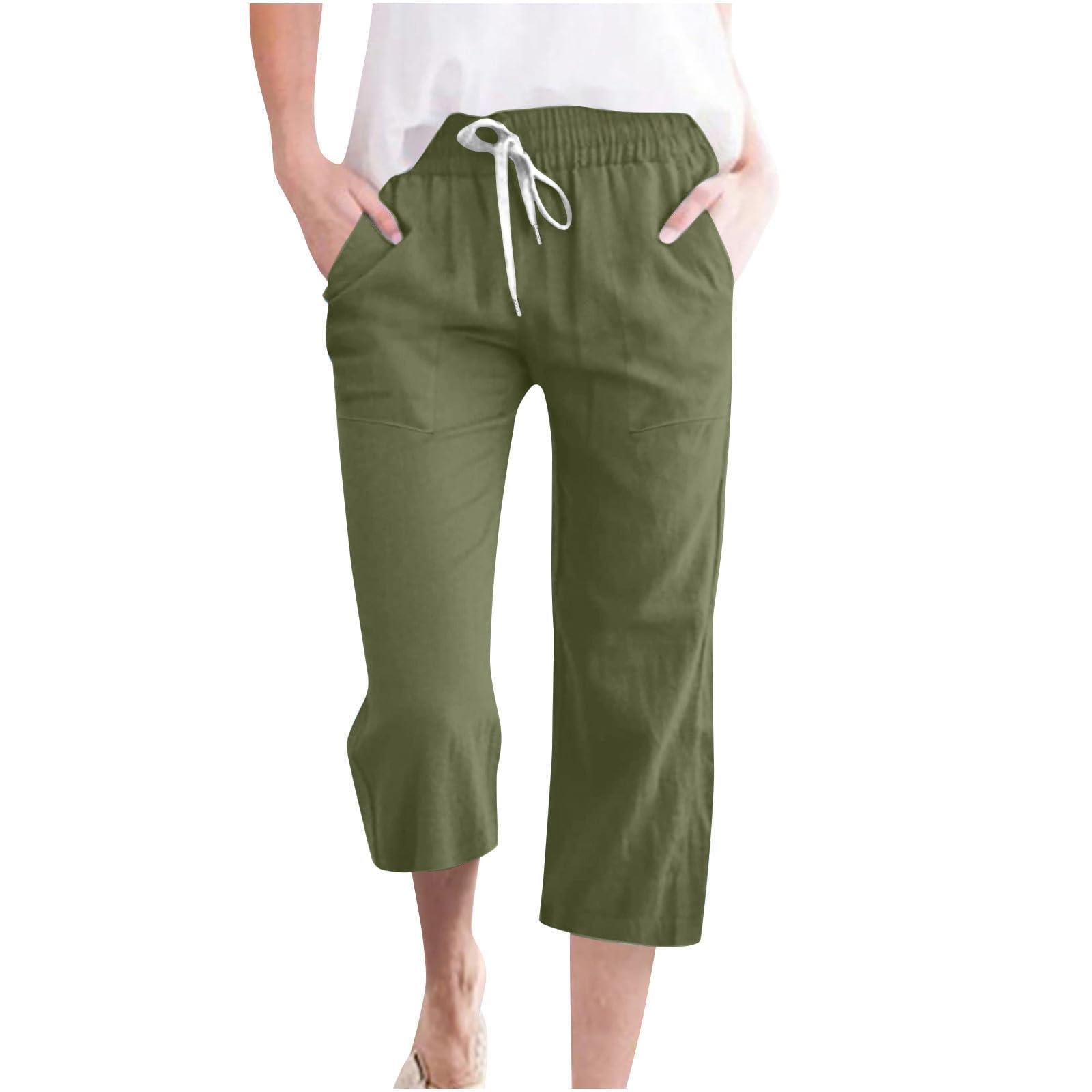 LRMQSCapri Pants for Women Casual Summer 2024 Drawstring Capris Linen Pants Pockets Beach Straight Wide Leg Cropped Trousers