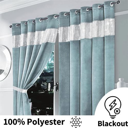 Olivia Rocco Diamante Blackout Eyelet Curtains With Tie Backs Black Out Thermal Ring Top Curtain Pair Window Dressing - Image 2