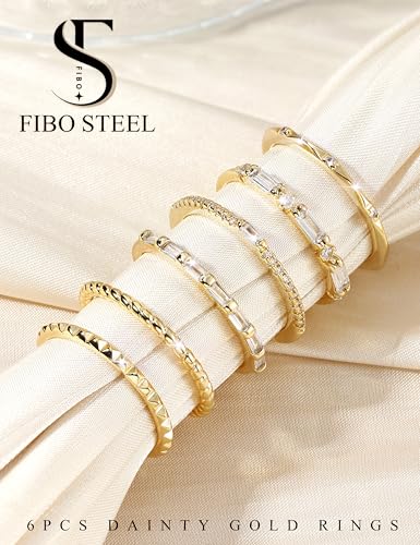 FIBO STEEL Gold Rings for Women Non Tarnish Dainty Stackable Ring Set Hypoallergenic Cubic Zirconia Wedding Band Promise Bands for Her Women's Jewelry Size 5-104