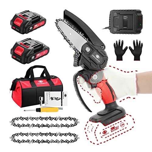 Mini Chainsaw, Upgraded 4 Inch Battery Powered Chainsaw Cordless with 2 Batteries and Charger 20V One-Handed Chainsaw with 2 Chains, Pruning Chainsaw Handheld Chainsaw for Tree Trimming, Wood Cutting