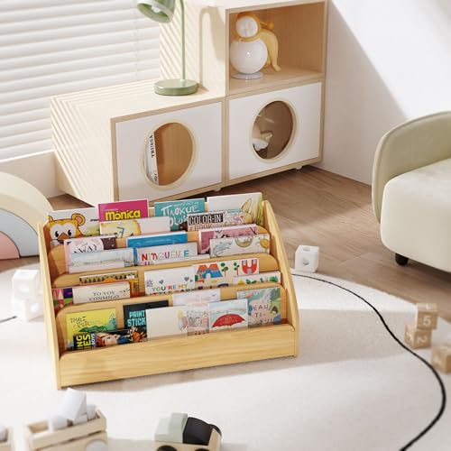 Image of Lkeiyay Kids Bookshelf - Montessori Shelf for Toddlers, 4-Tier Wooden Book Display Storage, Open Front Design for Classroom & Bedroom
