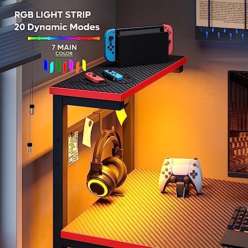 Bestier 113CM Reversible Corner Gaming Desk with RGB LED Lights, Black Carbon Fibre Surface, Storage Shelves, Side Pocket & Hooks, Compact Computer Desk for Small Spaces & Home Office - Image 5