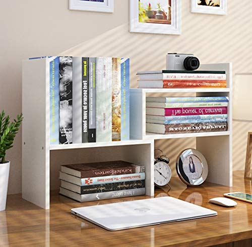 Office Desktop Bookshelf Adjustable Wood Display Shelf Desktop Organizer Office Storage Rack Countertop Bookcase Office Supplies Desk Organizer Accessories(Large Expandable) (White)